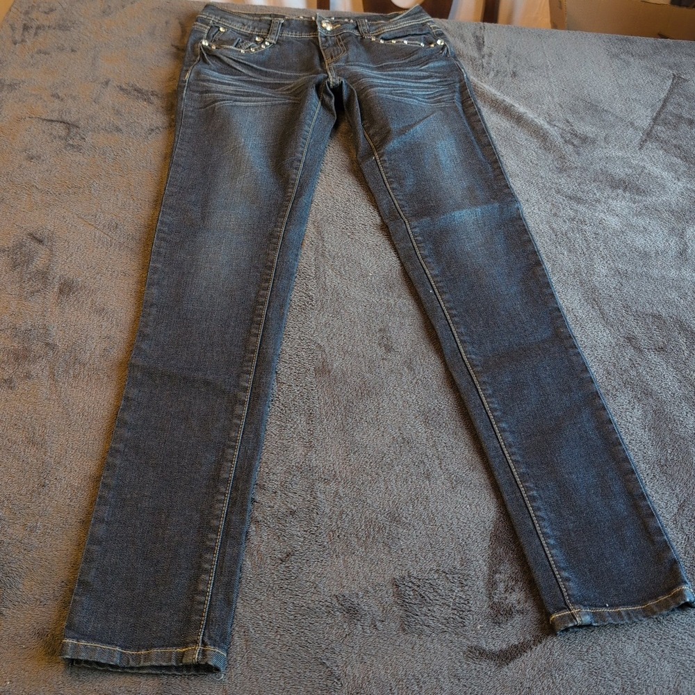 LA Idol USA Rhinestone Embellished Skinny Jeans Dark Wash Size 7 W30 L31.5